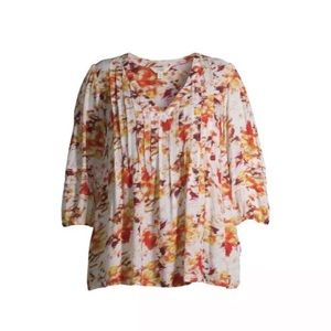🌸TERRA & SKY | Pintuck Woven Printed Quarter Sleeve V-Neck Blouse Size 1X